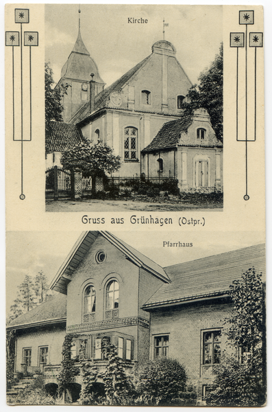 Grünhagen Kr. Preußisch Holland, Kirche und Pfarrhaus