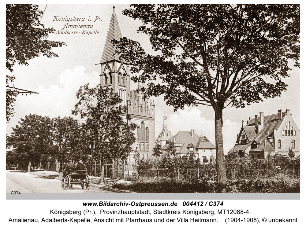 Königsberg, Amalienau, Adalberts-Kapelle, Ansicht mit Pfarrhaus und der Villa Heitmann