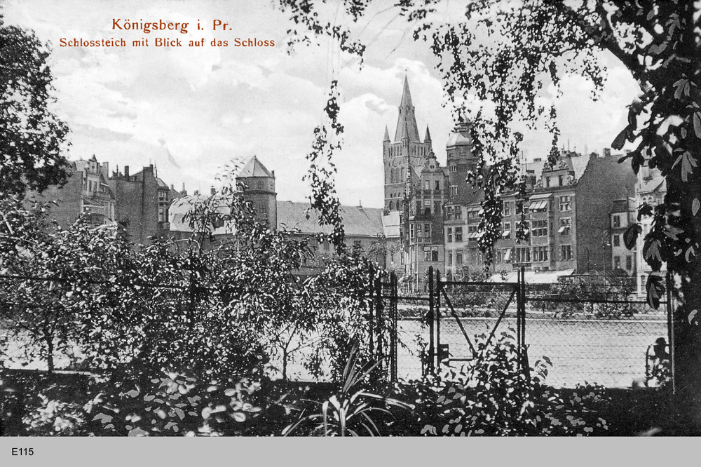 Königsberg, Schloßteich mit Blick auf das Schloß aus einem Garten