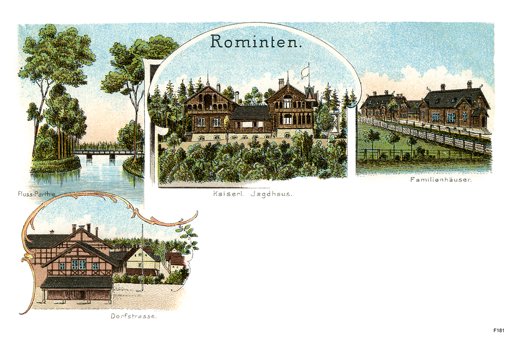 Jagdhaus Rominten, Kaiserliches Jagdschloss, Dorfstraße, Familienhäuser, Flusspartie