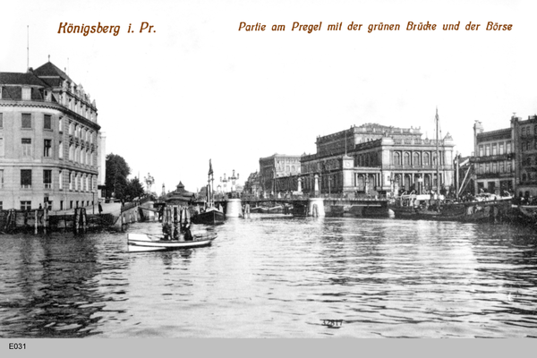 Königsberg, Partie am Pregel mit Grüner Brücke und Börse