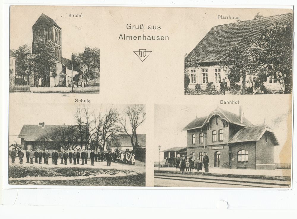 Almenhausen Kr. Preußisch Eylau, Kirche, Pfarrhaus, Schule, Bahnhof
