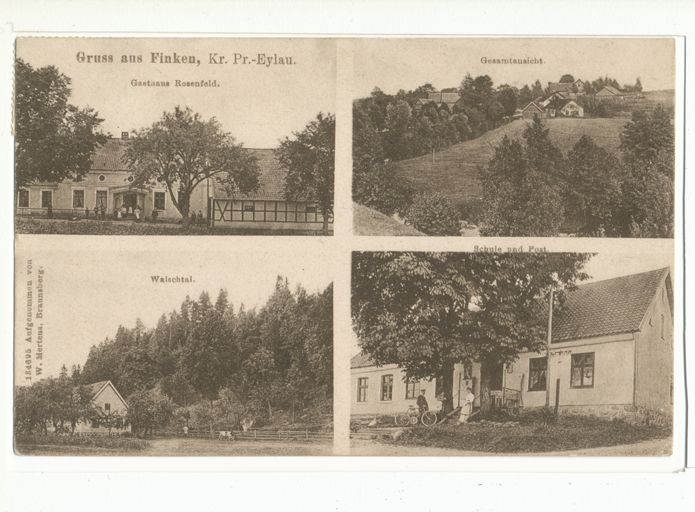 Finken Kr. Preußisch Eylau, Gasthaus, Ansicht, Walschtal, Schule und Post