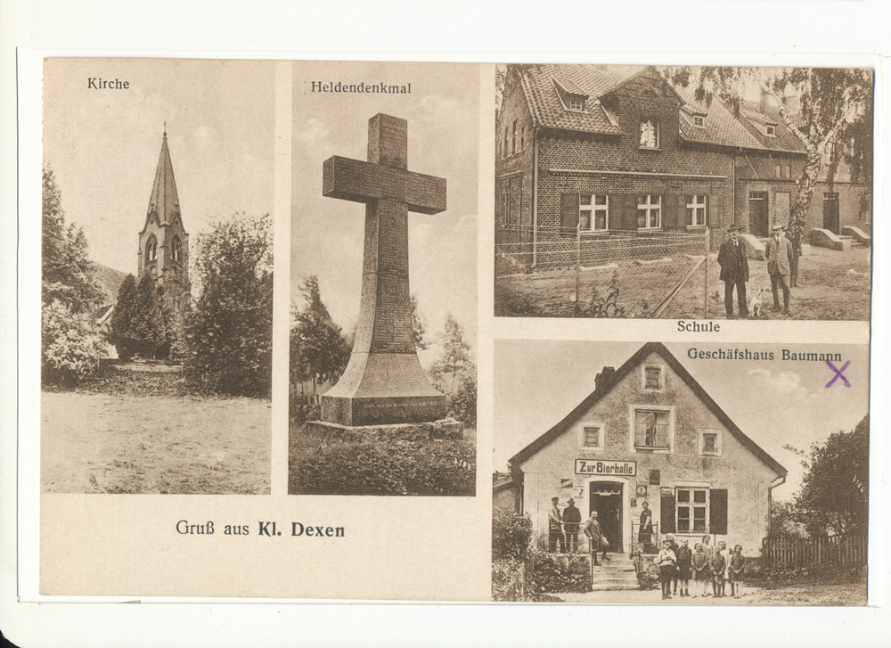 Klein Dexen Kr. Preußisch Eylau, Kirche, Denkmal, Schule, Geschäftshaus