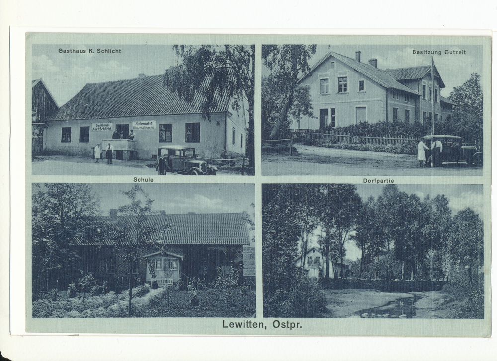 Lewitten Kr. Preußisch Eylau, Gasthaus, Besitzung, Schule, Dorfpartie