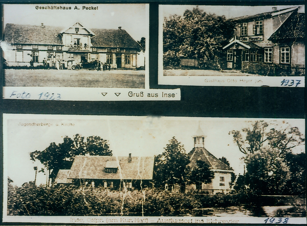 Inse, Geschäftshaus A. Peckel. Gasthaus Heyer und Dorfmotiv