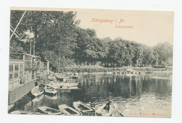 Königsberg , Partie am Schlossteich, Bootanlegestelle