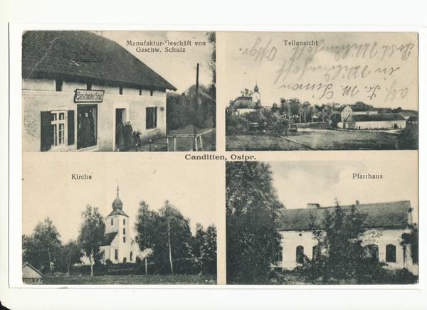 Canditten Kr. Pr. Eylau, Manufaktur, Teilansicht, Kirche, Pfarrhaus