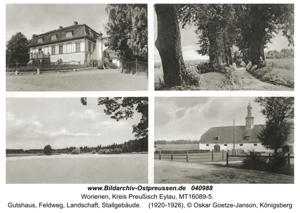 Worienen Kr. Preußisch Eylau, Gutshaus, Feldweg, Landschaft, Stallgebäude