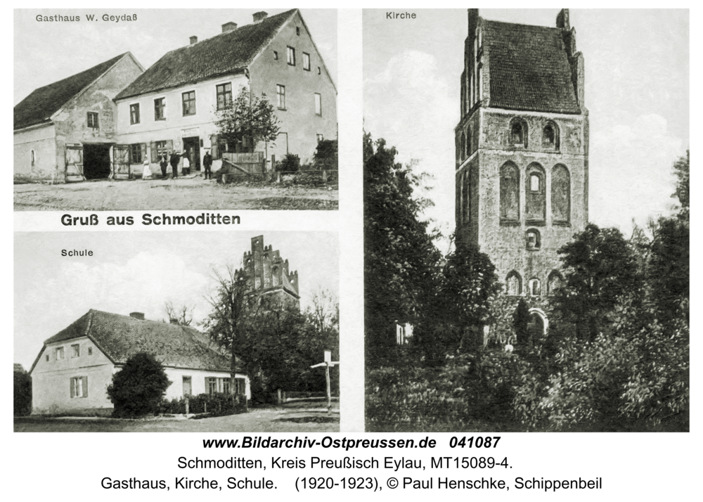 Schmoditten Kr. Preußisch Eylau, Gasthaus, Kirche, Schule