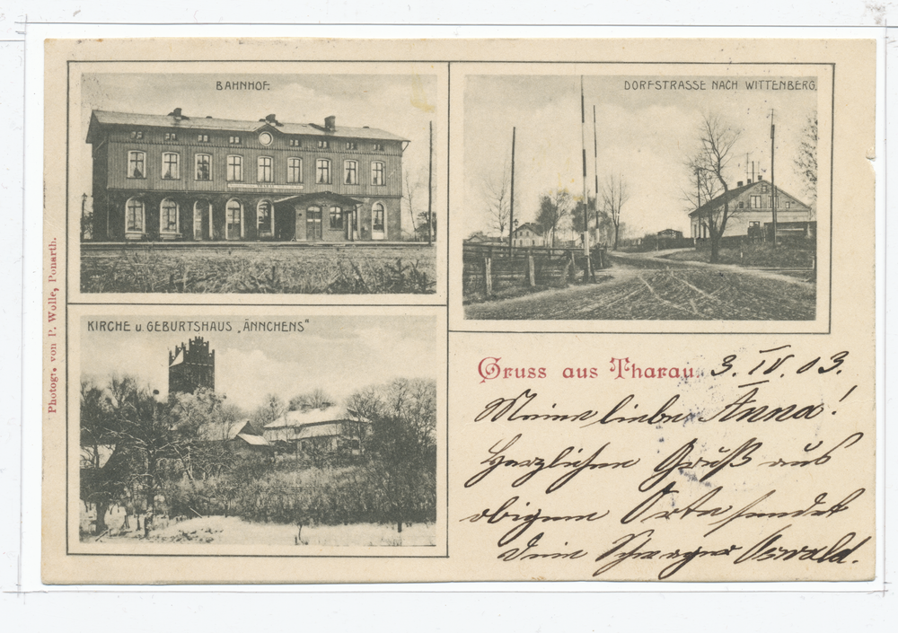 Tharau, Kr. Preußisch Eylau, Bahnhof, Dorfstraße, Kirche, Geburtshaus