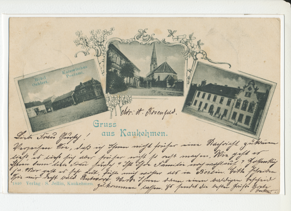 Kaukehmen, Hotel Oehlert und Kaiserliches Postamt, Markt mit Kirche, Amtsgericht