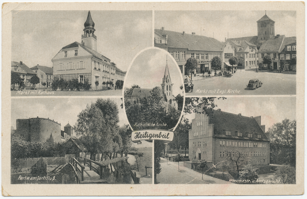 Heiligenbeil, Markt mit Rathaus u. evgl. Kirche, kath. Kirche, Partie am Jarftfluß, Wermkestr. u. Amtsgericht