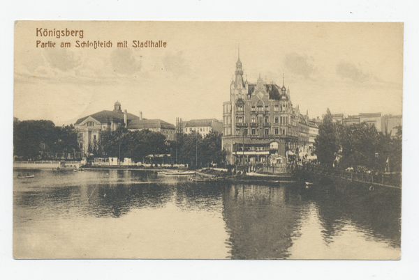 Königsberg, Partie am Schloßteich mit Stadthalle