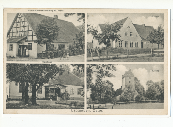 Laggarben, Kolonialwarenhandlung, Schule, Pfarrhaus, Kirche