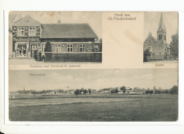 Groß Friedrichsdorf, Kaufhaus und Strickerei H. Josuweit, Kirche, Ortsansicht