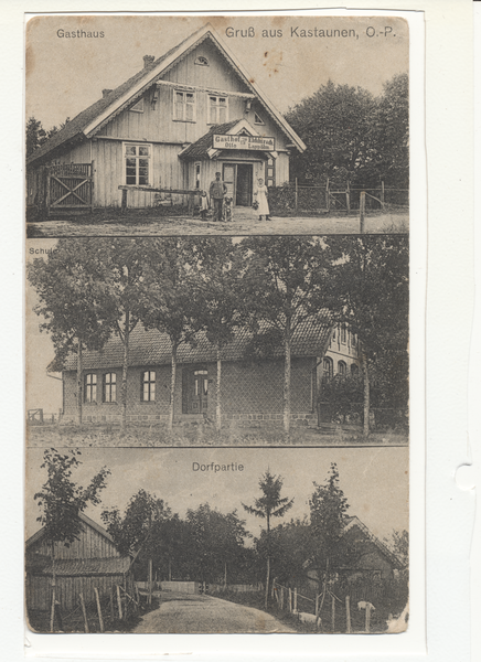 Kastaunen Kr. Elchniederung, Gasthaus, Schule, Ortsansicht