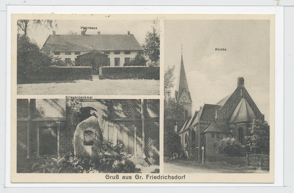 Groß Friedrichsdorf Kr. Elchniederung, Pfarrhaus, Kirche, Kriegerdenkmal