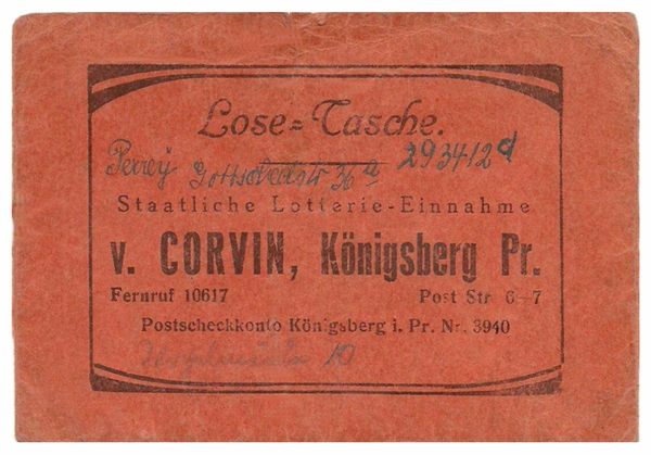 Königsberg, Poststraße 6-7, Staatliche Lotterie-Einnahmestelle v. Corvin, Lose-Tasche