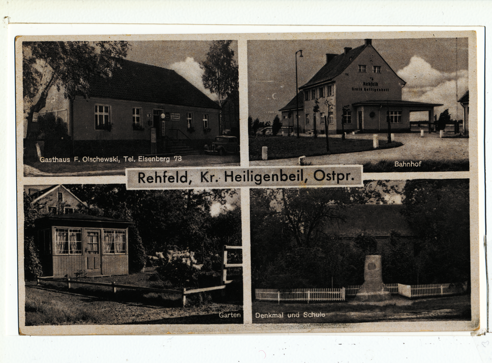 Rehfeld Kr. Heiligenbeil, Gasthaus, Bahnhof, Garten, Denkmal und Schule