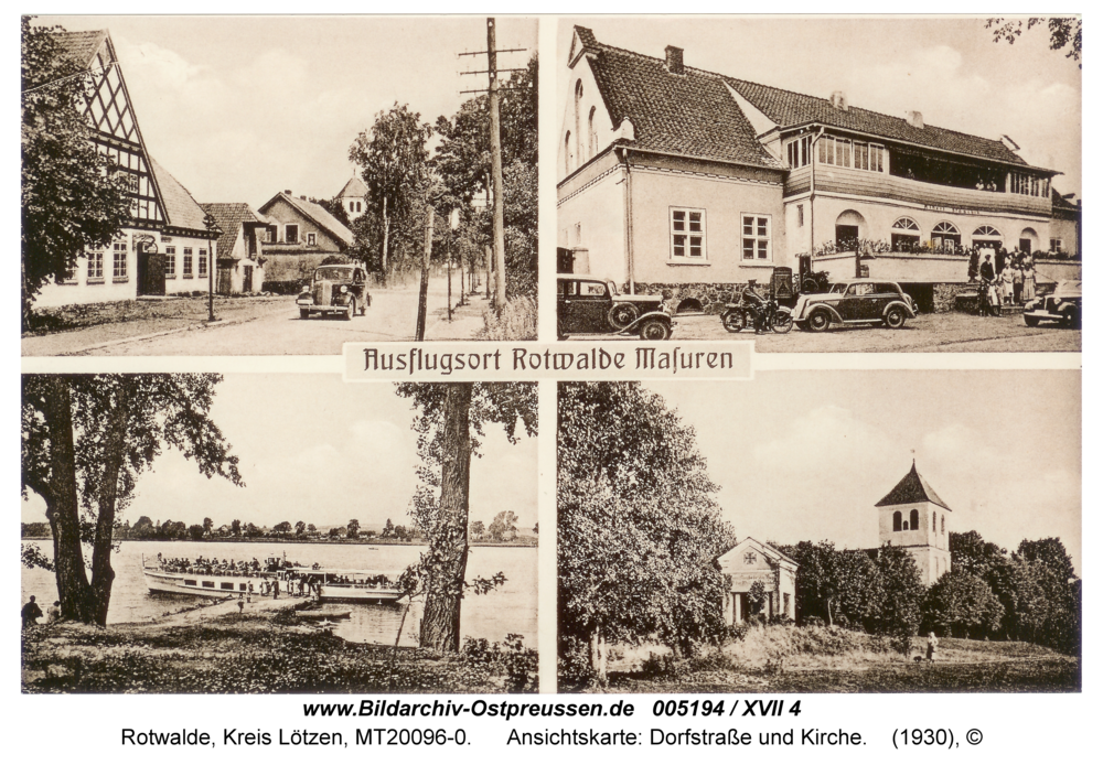 Rotwalde, Ansichtskarte: Dorfstraße und Kirche