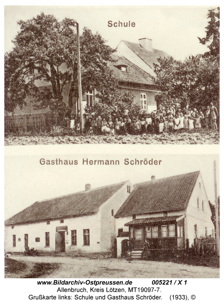 Allenbruch, Grußkarte links: Schule und Gasthaus Schröder