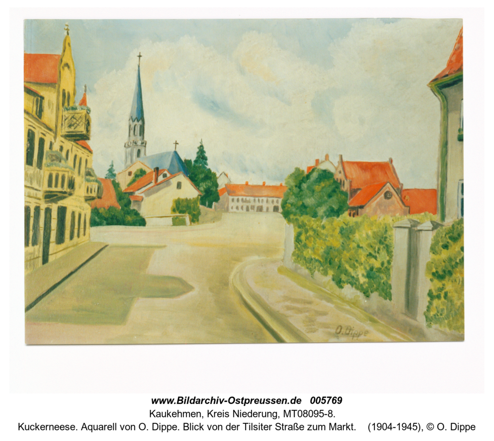 Kuckerneese. Aquarell von O. Dippe. Blick von der Tilsiter Straße zum Markt