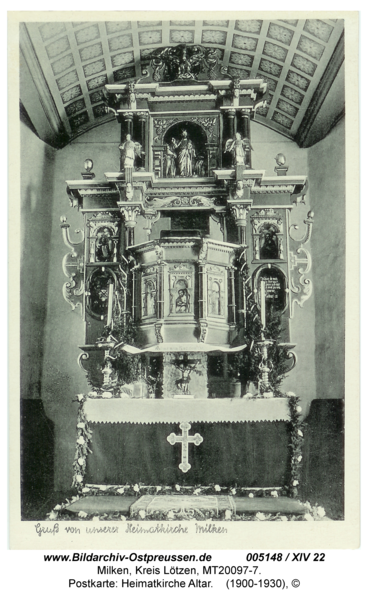 Milken, Postkarte: Heimatkirche Altar