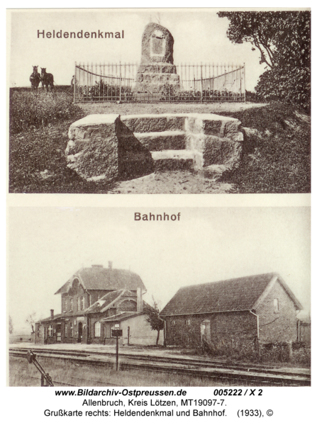 Allenbruch, Grußkarte rechts: Heldendenkmal und Bahnhof