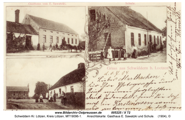 Schwiddern, Ansichtskarte: Gasthaus E. Sawatzki und Schule
