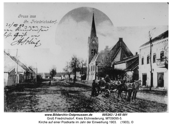 Groß Friedrichsdorf, Kirche auf einer Postkarte im Jahr der Einweihung 1903