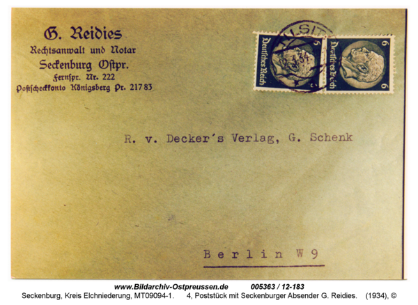 Seckenburg, 4, Poststück mit Seckenburger Absender G. Reidies