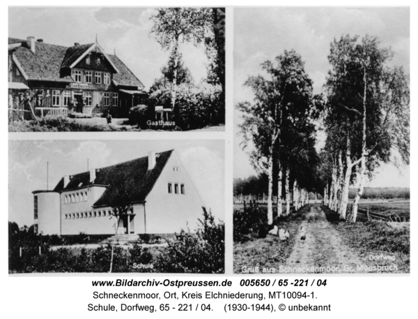 Schneckenmoor; Ansichtskarte mit Gasthaus, Schule, Dorfweg, 65 - 221 / 04
