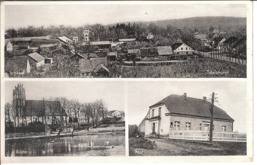 Schönbruch Kr. Bartenstein, Ortsansicht, Kirche, Post