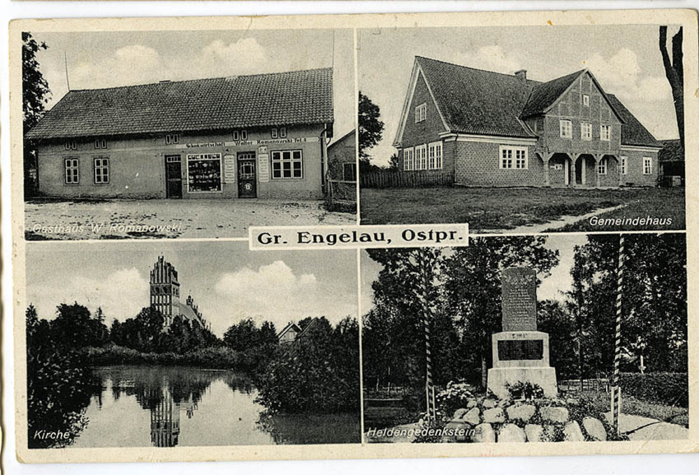 Groß Engelau, Gasthaus, Gemeindehaus, Kirche, Kriegerdenkmal