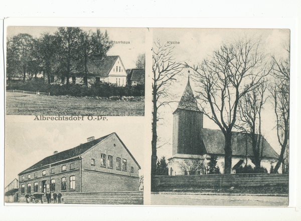 Albrechtsdorf Kr. Preußisch Eylau, Pfarrhaus, Kirche, Schule