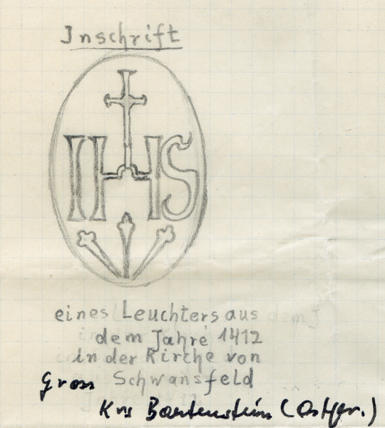 Groß Schwansfeld, Kirche, Inschrift eines Leuchters, Zeichnung