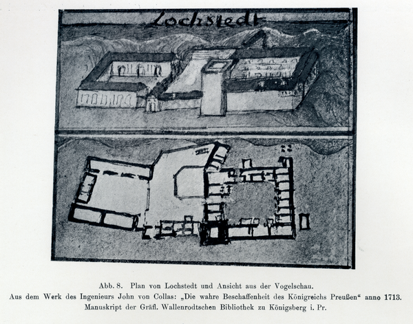 Lochstädt, Plan des Ordensschlosses und Ansicht aus der Vogelschau