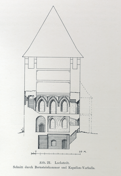 Lochstädt, Ordensschloss, Schnitt durch Bernsteinkammer und Kapellen-Vorhalle