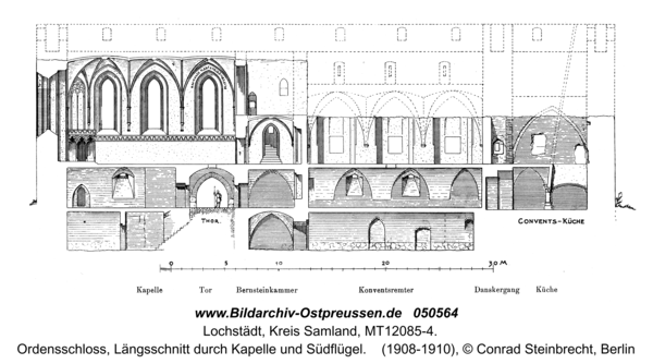 Lochstädt, Ordensschloss, Längsschnitt durch Kapelle und Südflügel