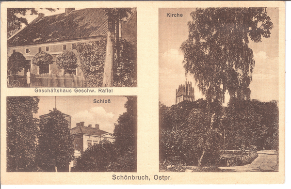 Schönbruch Kr. Bartenstein, Geschäftshaus, Kirche, Schloss