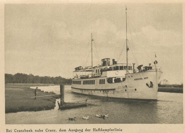 Cranzbeek, Ausgangspunkt der Hafferdampferlinie, Fahrgast-Motorschiff "Kurisches Haff"