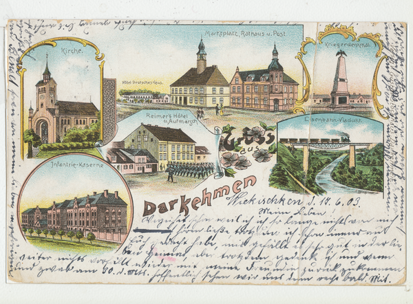 Darkehmen, Kirche, Marktplatz, Rathaus, Post, Reimers Hotel, Kriegerdenkmal, Infanteriekaserne, Eisenbahnviadukt