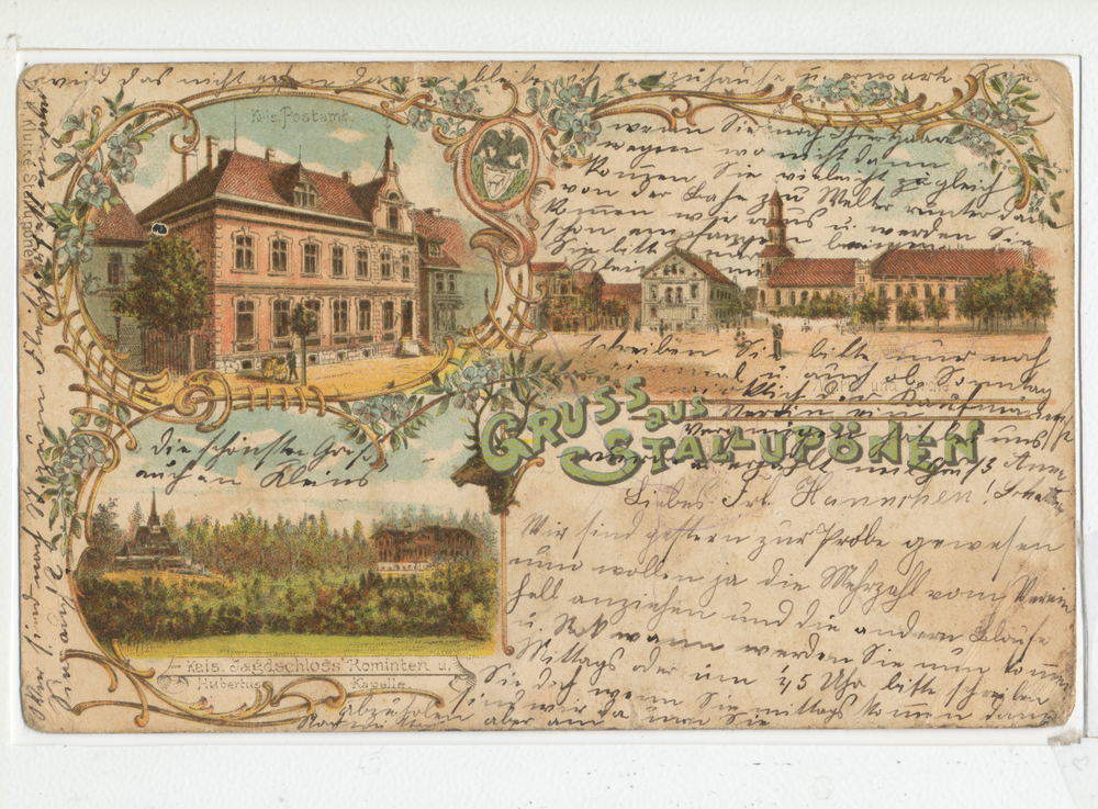 Stallupönen, Postkarte: Postamt, Altstädtischer Markt, Jagdschloss Rominten