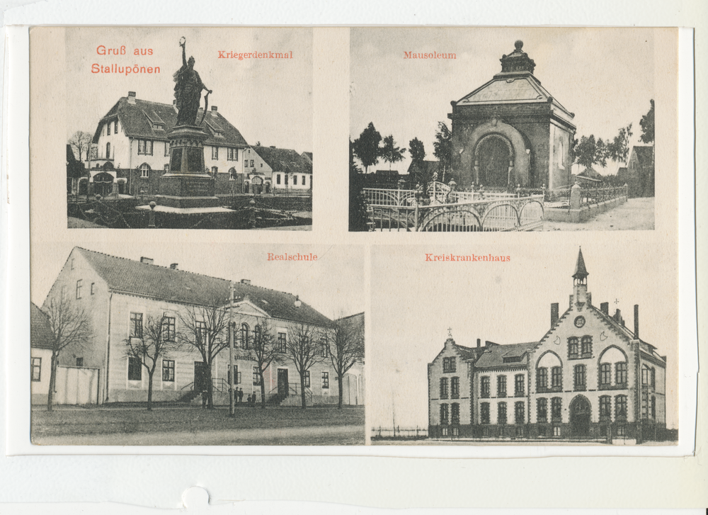 Stallupönen, Postkarte mit: Kriegerdenkmal, Mausoleum, Realschule, Kreiskrankenhaus