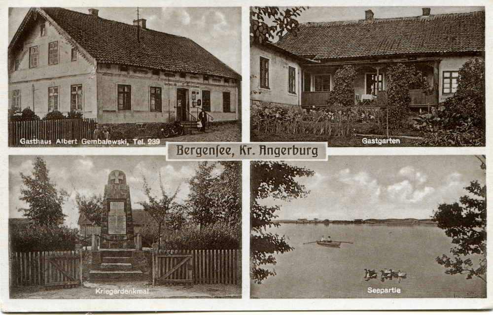 Bergensee, Gasthaus Albert Gembalewski, Gastgarten, Kriegerdenkmal, Seepartie