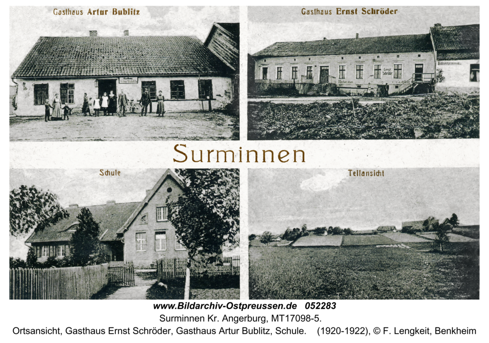 Surminnen, Ortsansicht, Gasthaus Ernst Schröder, Gasthaus Artur Bublitz, Schule