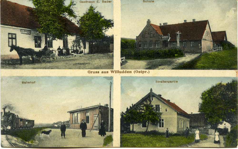 Willuden, Gasthaus E. Bader, Schule, Bahnhof, Straßenpartie