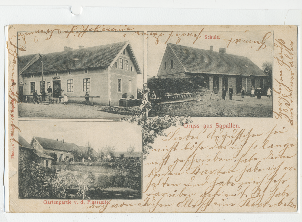 Sapallen, Gasthaus (??), Gartenpartie von der Flussseite, Schule