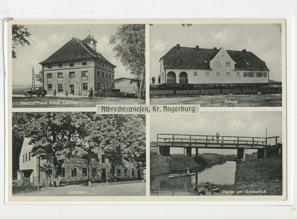 Albrechtswiesen, Geschäftshaus Ernst Lechner, Schule, Gutshaus, Partie am Goldapfluss